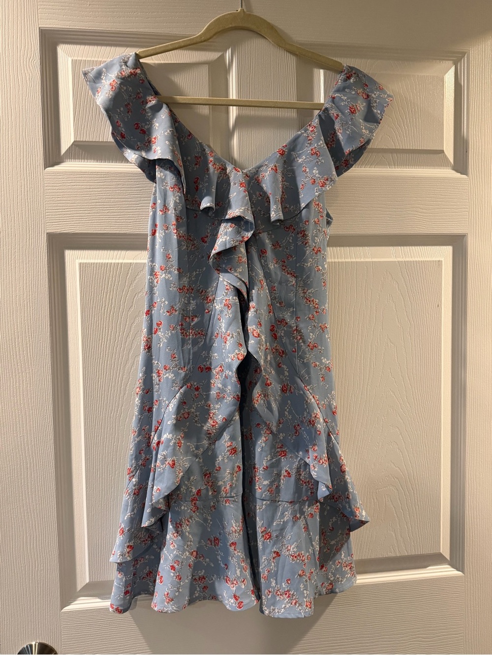 Blue Floral Ruffle Off-Shoulder Women’s Dress